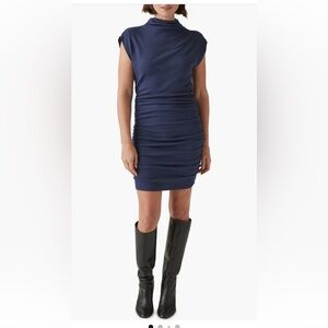 Sold Out! Brand New! Michael Stars Ruched Gia Power Shoulder Navy Blue Dress